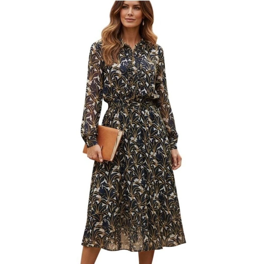 FRNCH Paris Womens Midi Dress Floral Print Navy Ruffle Button Down Front M